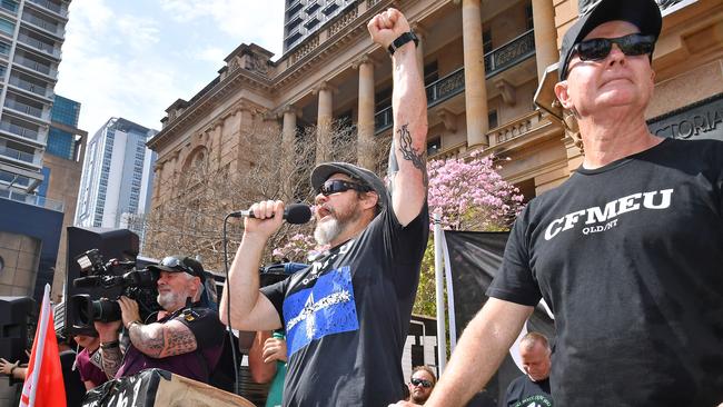 Sacked Queensland CFMEU officials Jade Ingham and Michael Ravbar at a protest in August. Picture: John Gass