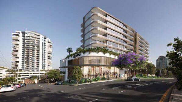 Artist's impression of the proposed 25 Ferry St, Kangaroo Point building which will have a podium level limited line supermarket.