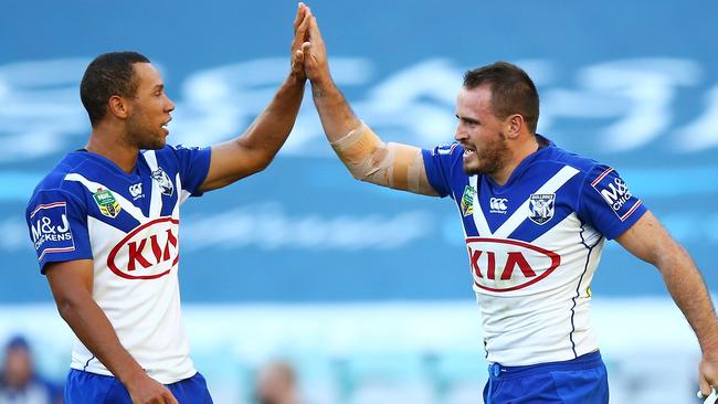 SYDNEY, AUSTRALIA — APRIL 14: Josh Reynolds of the Bulldogs celebrates scoring a try during the round seven NRL match between the Canterbury Bulldogs and the South Sydney Rabbitohs at ANZ Stadium on April 14, 2017 in Sydney, Australia. (Photo by Mark Nolan/Getty Images)