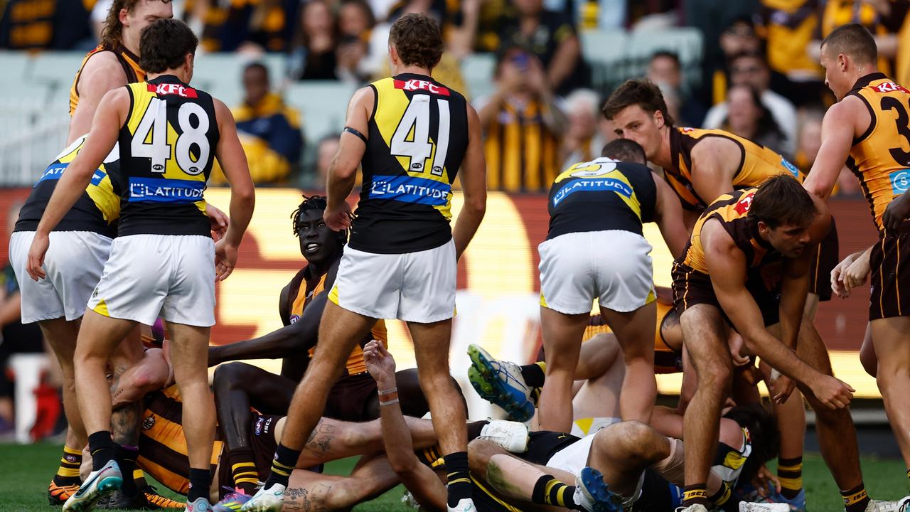 There were bodies all over the turf. (Photo by Michael Willson/AFL Photos via Getty Images)