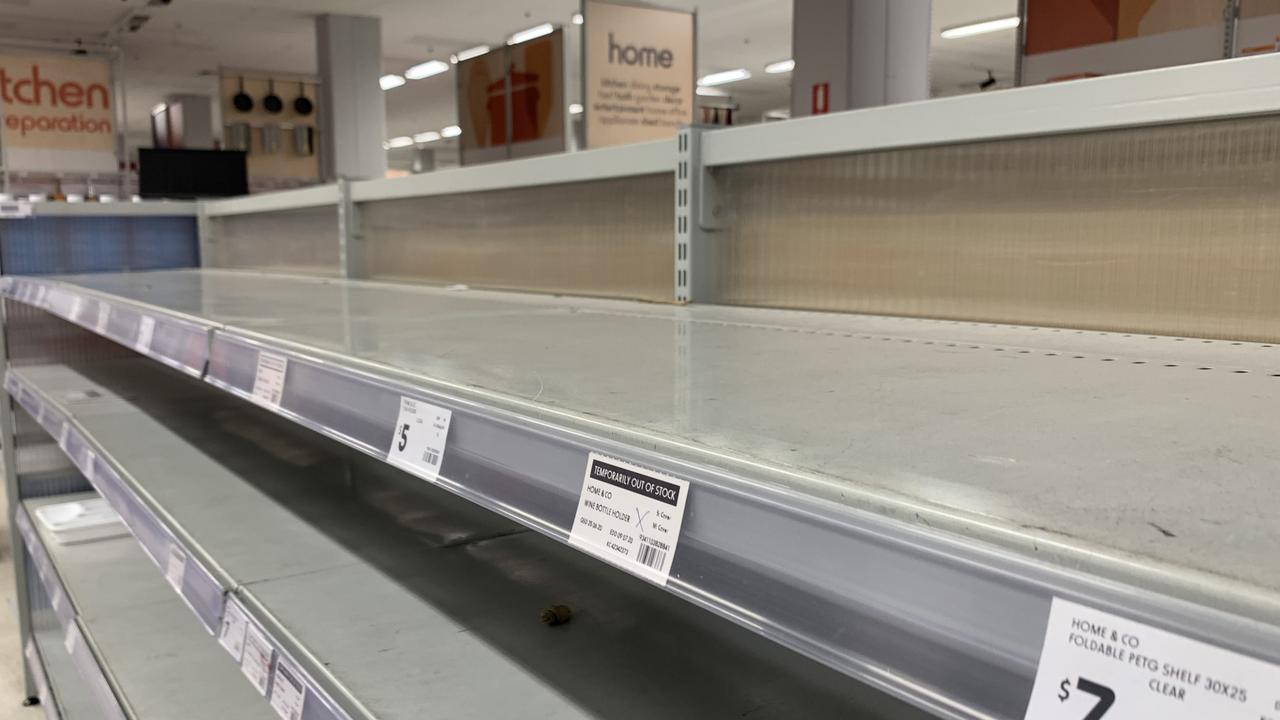 Almost empty shelves at a Kmart in Sydney’s east. Picture: News.com.au/Benedict Brook