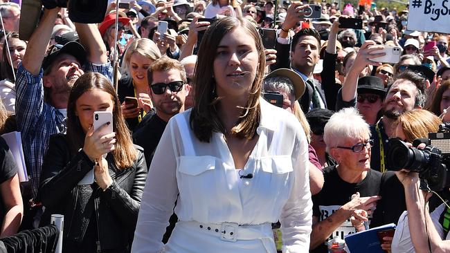 Brittany Higgins outside Parliament House, Canberra, on March 15, 2021 as part of a rally calling for action against gendered violence. Picture Sam Mooy