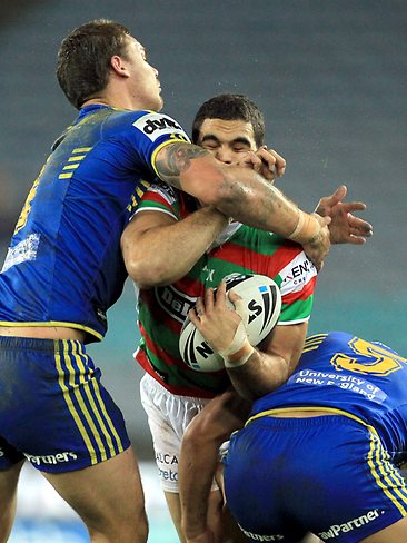 <p>Gallery NRL round 15 Eels v Rabbitohs: Greg Inglis tackled. Picture: Mark Evans</p>