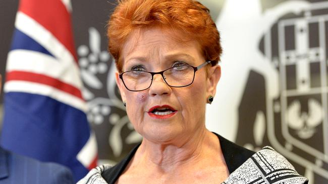 One Nation leader Pauline Hanson faces the media on Thursday. Picture: Getty