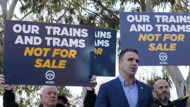 Opposition Leader Peter Malinauskas joined public transport workers at a protest against privatisation of train and tram services. Picture: AAP / Emma Brasier