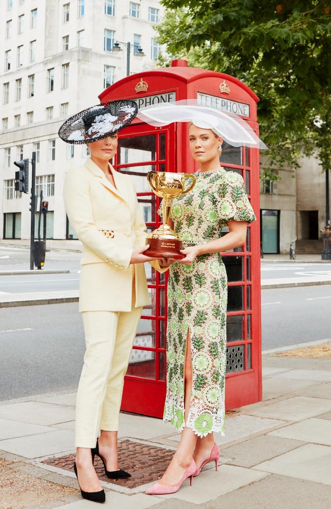 London, UK: 38 years after Princess Diana’s day at Flemington, her nieces Lady Eliza and Lady Amelia Spencer welcome the Cup in traditional style. Picture: Kyle Galvin