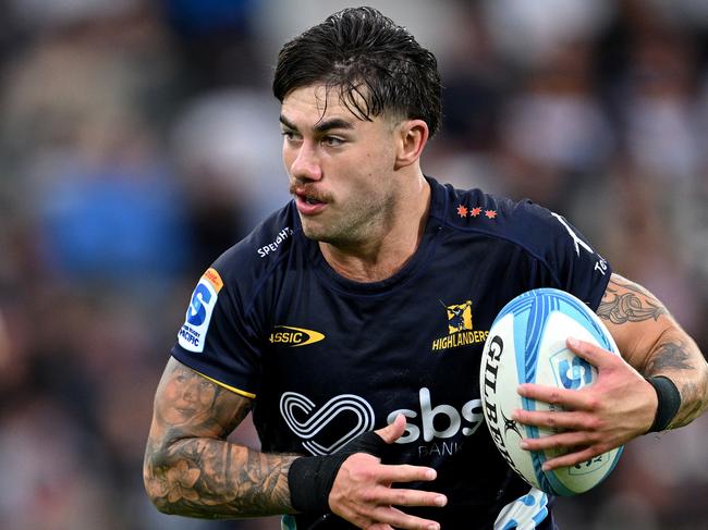 DUNEDIN, NEW ZEALAND - MARCH 16: Connor Garden-Bachop of the Highlanders charges forward during the round four Super Rugby Pacific match between Highlanders and ACT Brumbies at Forsyth Barr Stadium, on March 16, 2024, in Dunedin, New Zealand. (Photo by Joe Allison/Getty Images)