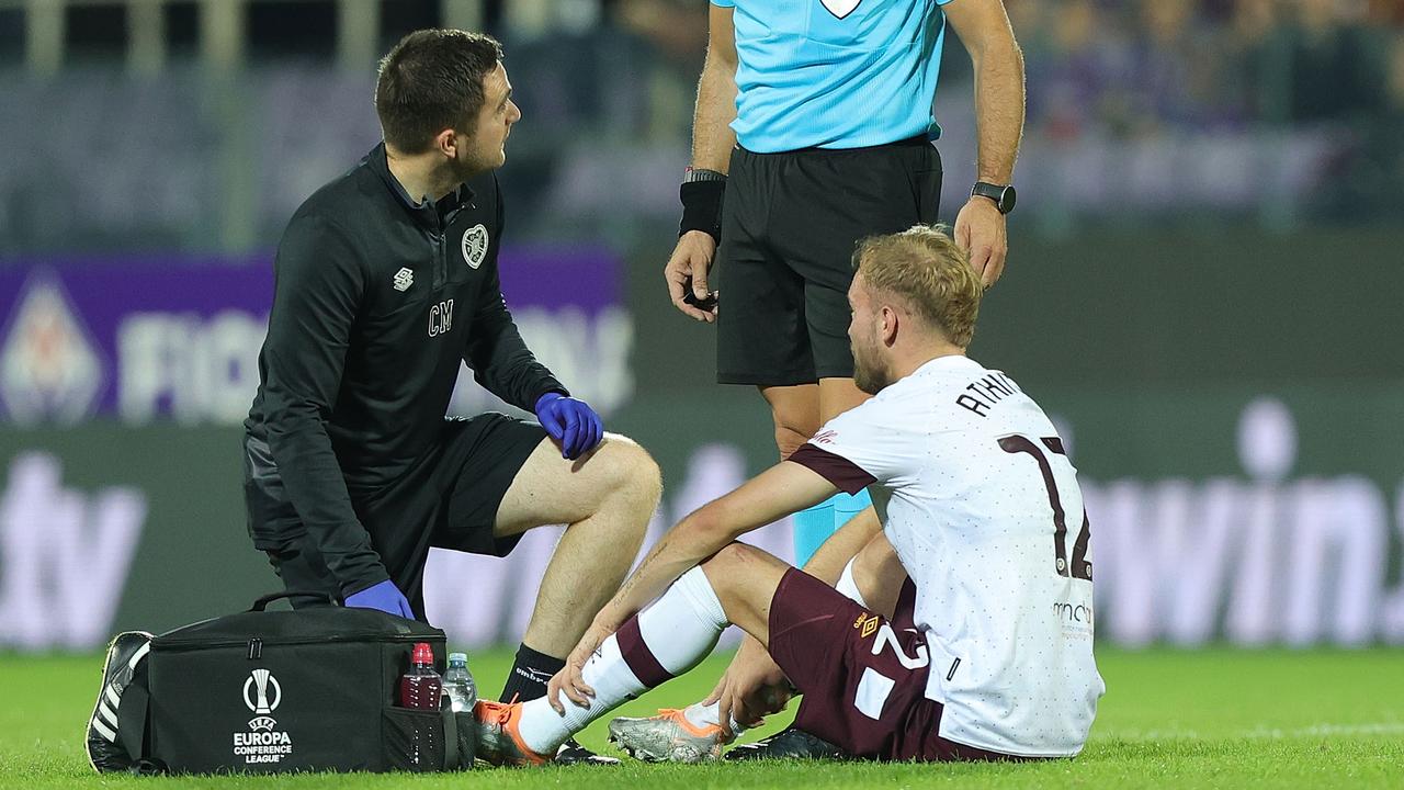 FLORENCE, ITALY – OCTOBER 13: Nathaniel Atkinson of Heart of Midlothian FC injured during the UEFA Europa Conference League group A match between ACF Fiorentina and Heart of Midlothian at Stadio Artemio Franchi on October 13, 2022 in Florence, Italy. (Photo by Gabriele Maltinti/Getty Images)