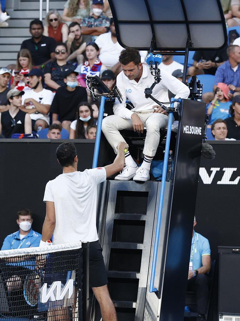 Mate Pavic speaks with the umpire after becoming frustrated. Picture: Darrian Traynor/Getty Images