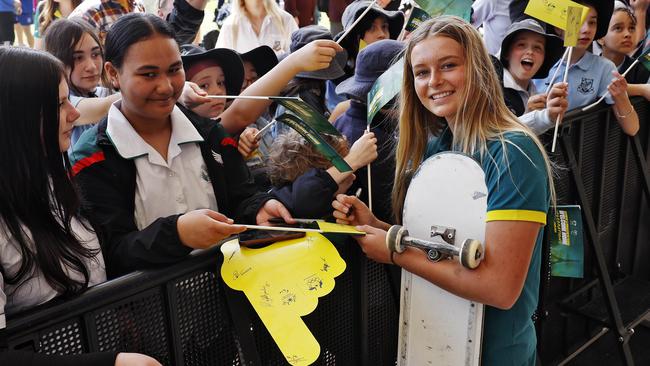 DAILY TELEGRAPH - 13/9/24Olympians from the 2024 Olympics and Paralympics are welcomed by a crowd in Tumbling Park in Darling Harbour today. Ruby Trew in middle. Picture: Sam Ruttyn