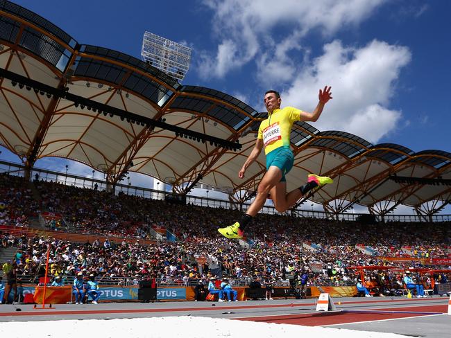 Fabrice Lapierre of Australia competes in the Men's Long Jump qualification at the Gold Coast 2018 Commonwealth Games. Picture: Michael Dodge/Getty Images