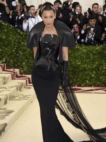 Bella Hadid, dressed in LA-based label Chrome Hearts, attends the 2018 Met Gala. Picture: AP