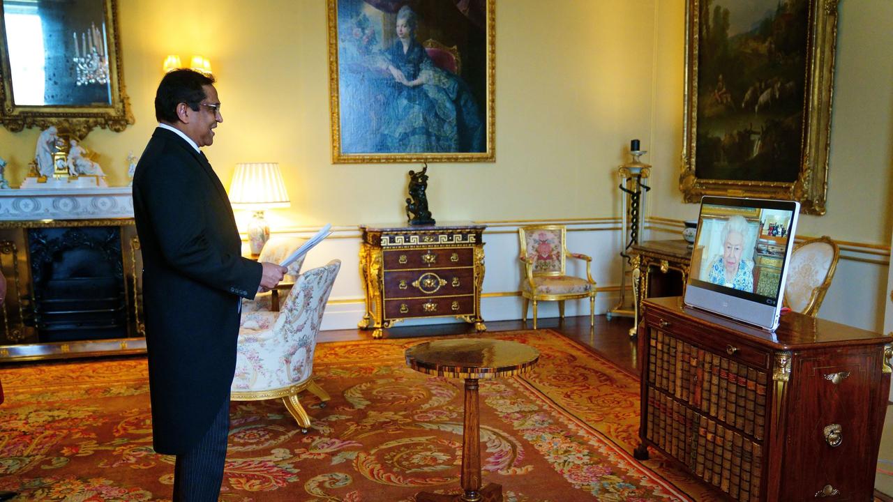 Queen Elizabeth II returns from Covid with a virtual audience to receive the High Commissioner of Trinidad and Tobago. Picture: Getty Images.