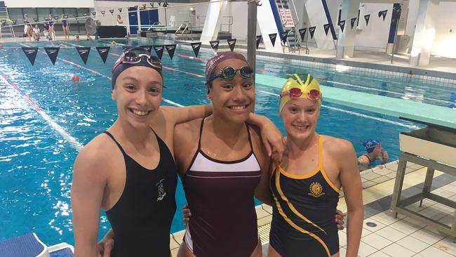 Sophie Martin, Claveria Johnson-Tiamalu and Tiana Kritzinger after a podium finish at the QGSSSA meet.