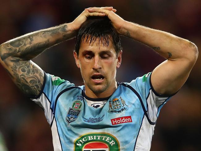 BRISBANE, AUSTRALIA - JULY 12:  Mitchell Pearce of the Blues reacts during game three of the State Of Origin series between the Queensland Maroons and the New South Wales Blues at Suncorp Stadium on July 12, 2017 in Brisbane, Australia.  (Photo by Cameron Spencer/Getty Images)