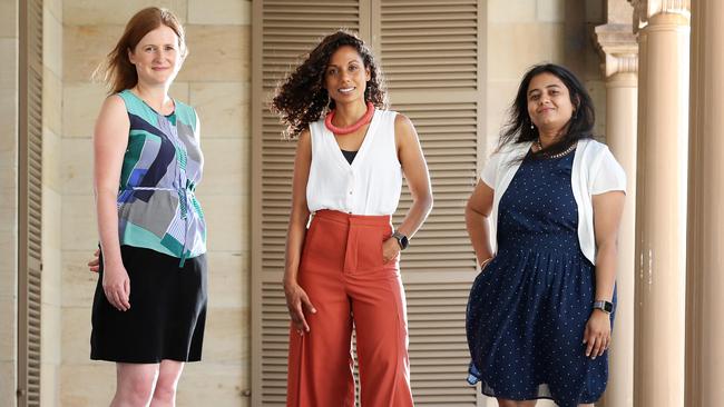 QUT statistician Dr Nicole White, UQ medical scientist Dr Sonia Shah and QUT senior lecturer Dr Divya Mehta, Brisbane are among the 60 Superstars of STEM. Picture: Liam Kidston