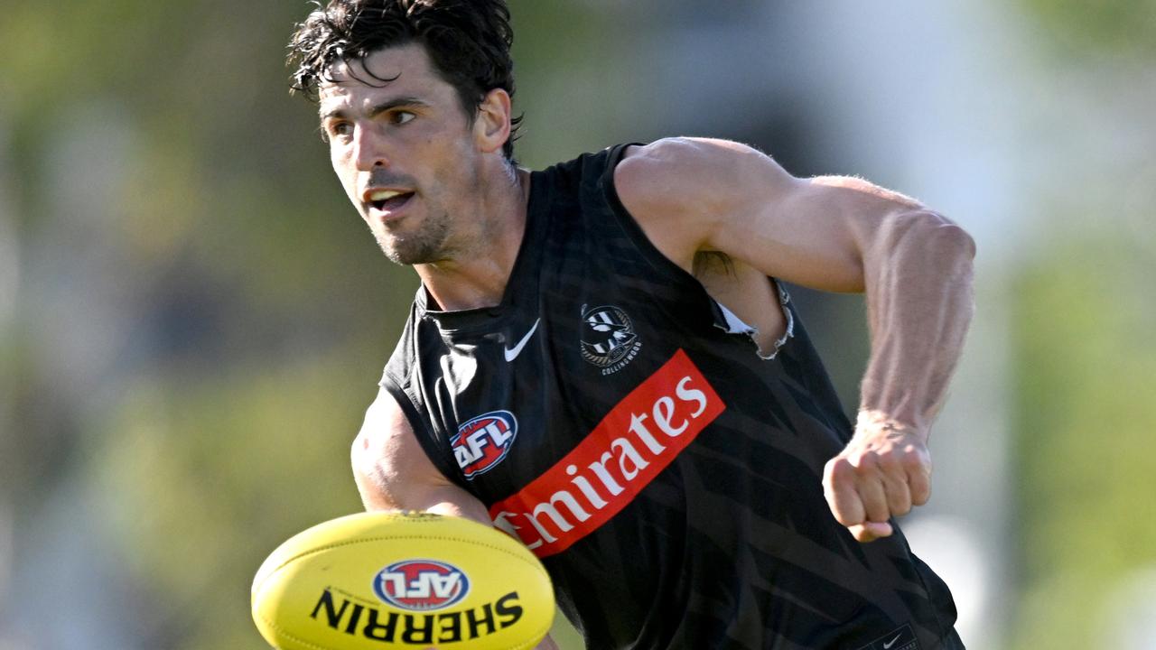 Scott Pendlebury handballs during the Magpies’ intra club match at Olympic Park.