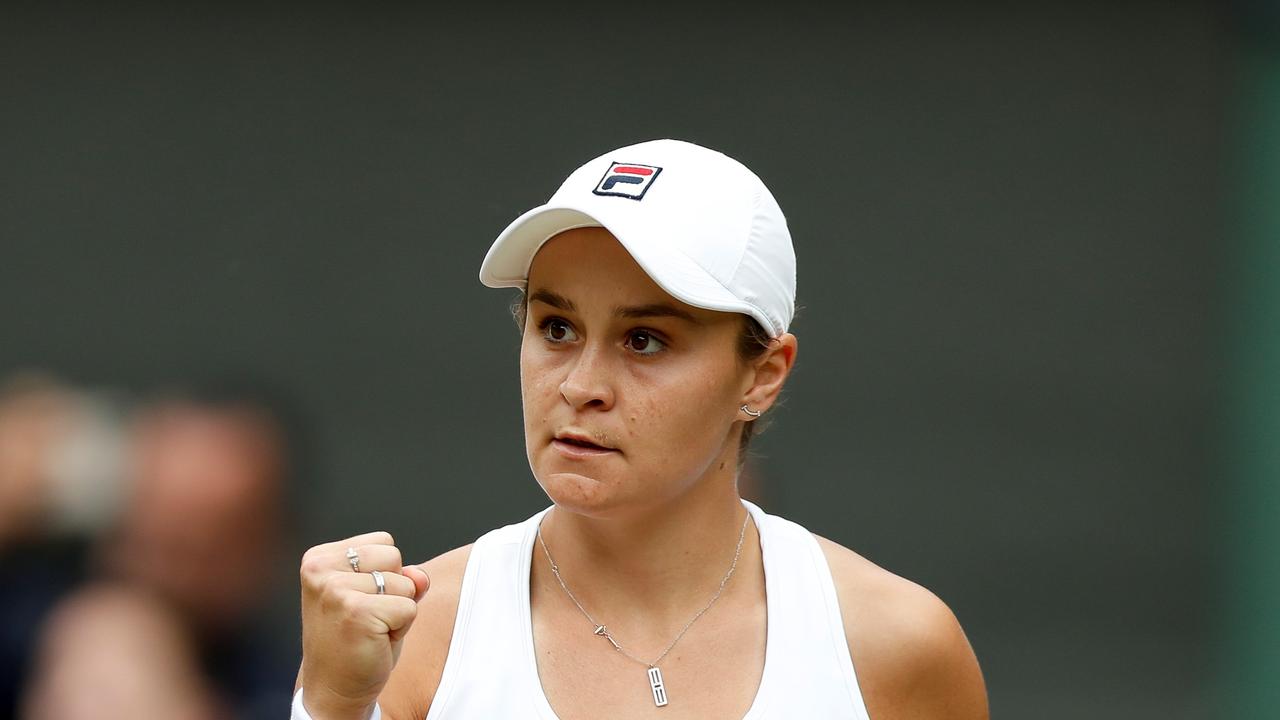 Ashleigh Barty of Australia reacts during the women's singles final between Ashleigh Barty of Australia and Karolina Pliskova of the Czech Republic at the Wimbledon Championships in London, Britain, July 10, 2021 (Photo by Han Yan/Xinhua via Getty Images)