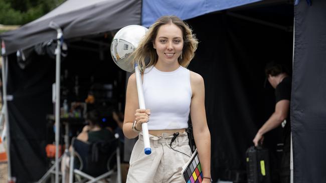 VFX Data Wrangler Clare Evans on the set of Eden at the Gold Coast. Photo: Jasin Boland.