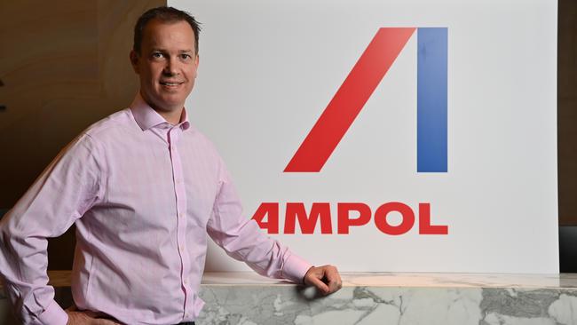 Caltex Interim CEO Matthew Halliday with Ampol’s updated branding. Picture: AAP