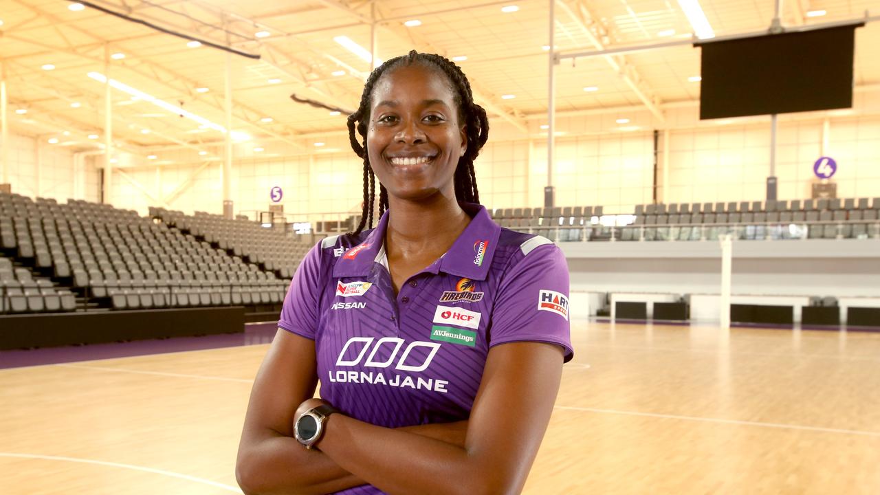 Firebirds player, Romelda Aiken a Goal Shooter, posing in their new stadium, at Nathan, on Thursday February 20th, 2019. Picture: AAP