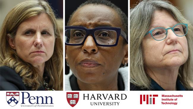 Liz Magill, president of University of Pennsylvania ,Claudine Gay, president of Harvard University and Sally Kornbluth, president of Massachusetts Institute of Technology, on Capitol Hill. Picture: Getty Images