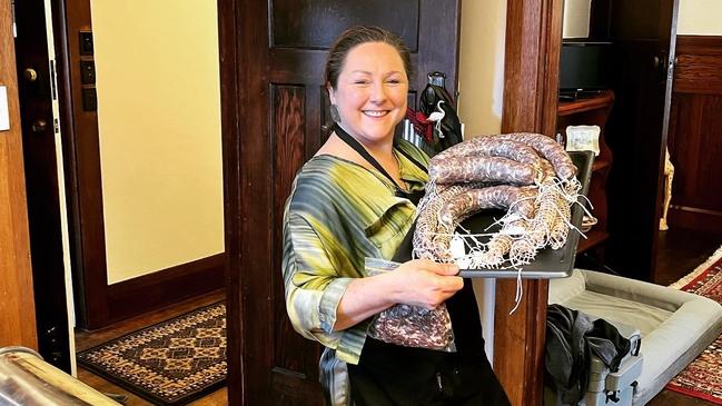 Jeweller Shauna Pickin will prepare sausages at the Koonya Garlic Festival with Justice Stephen Estcourt. Picture Supplied.