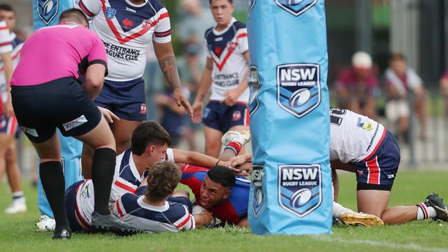 Matthew McEwen scores for Newcastle in Andrew Johns Cup Grand Final. Picture: Sue Graham