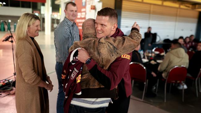 Tom Gilbert celebrates with family after being presented with his Queensland Origin jersey. Picture: Erick Lucero/QRL