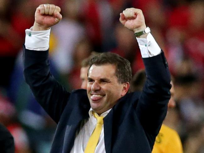 Socceroos coach Ange Postecoglou celebrates after winning the Asian Cup final in 2015. Picture Gregg Porteous