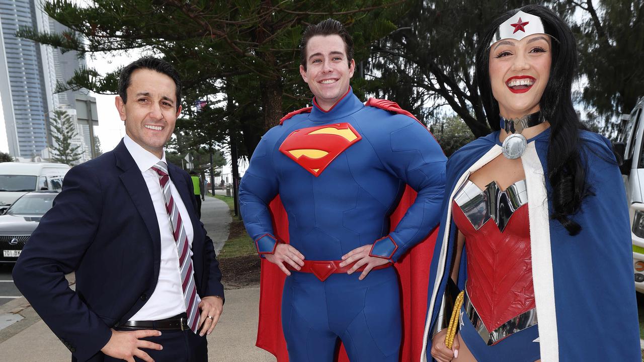 Premier David Crisafulli with Superman on the Gold Coast . Pic Annette Dew