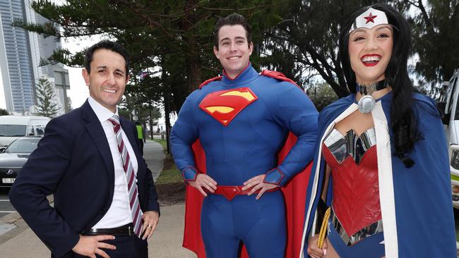 Premier David Crisafulli with Superman on the Gold Coast . Pic Annette Dew
