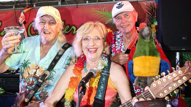 Vance Fahey and Nikki Lowmass were joined by Brian Pitcher on bongo drums for the free concert, which was attended by over 200 Jimmy Buffet fans. Picture: Brendan Radke