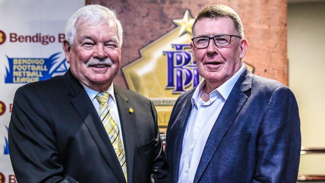 Bendigo Football League legends the late Ron Best (left) and Tony Southcombe.