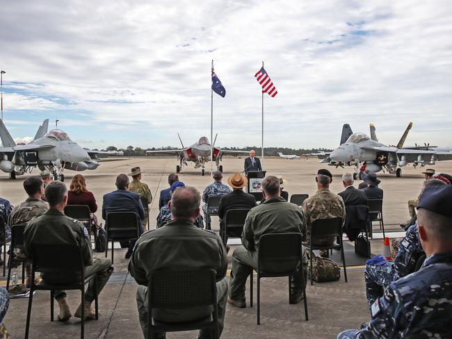 Minister Defence Peter Dutton speaks during the Exercise Talisman Sabre opening ceremony at the RAAF Base Amberley, near Ipswich, on Wednesday. Picture: Zak Simmonds