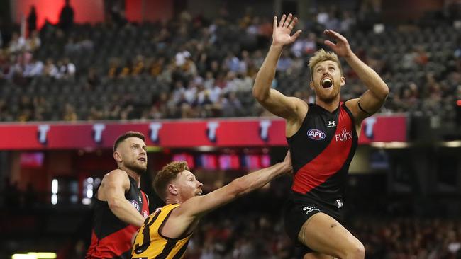 AFL Round 1. 20/03/2021.Essendon v Hawthorn at the Marvel Stadium, Melbourne. Dyson Heppell of the Bombers marks . Pic: Michael Klein