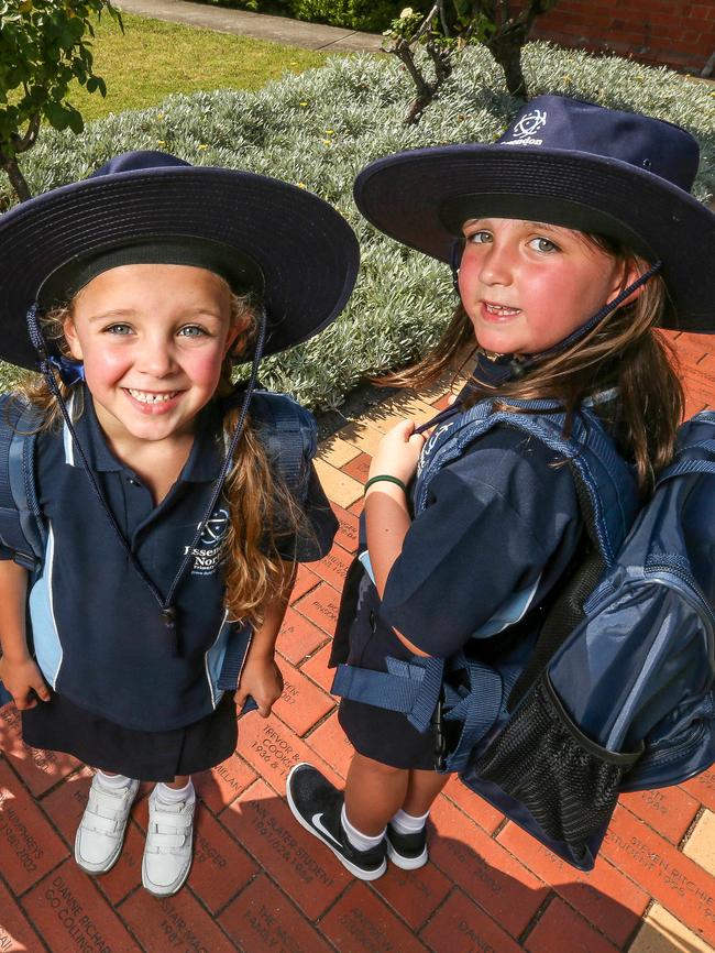 Mason, 5, Bella, 5, and Poppy, 5 are all geared up for their first day of school. Picture: Tim Carrafa