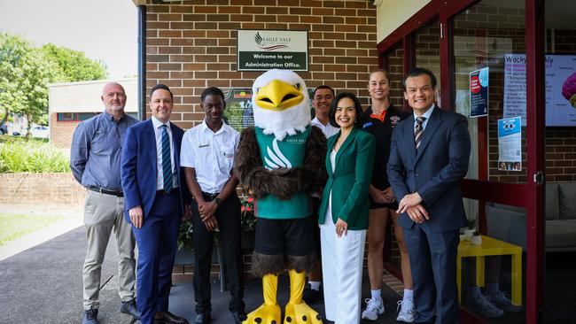 Eagle Vale High School principal Craig Butler, Leppington MP Nathan Hagarty, NSW Deputy Premier Prue Car and Macquarie Fields MP Anoulack Chanthivong.