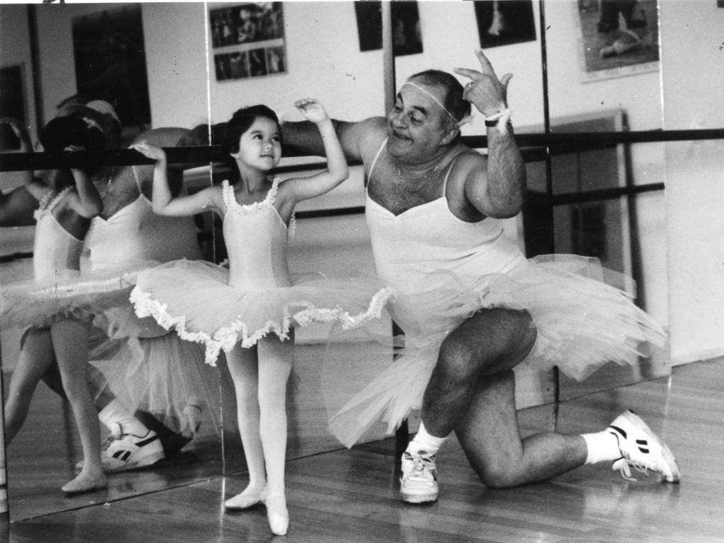 Bob Francis gets some ballet tips from Stephanie Thoo, 6, in preparation for his role as Mother Goose in the Sheila Lang Dance School annual recital, 26 Jan 1993.