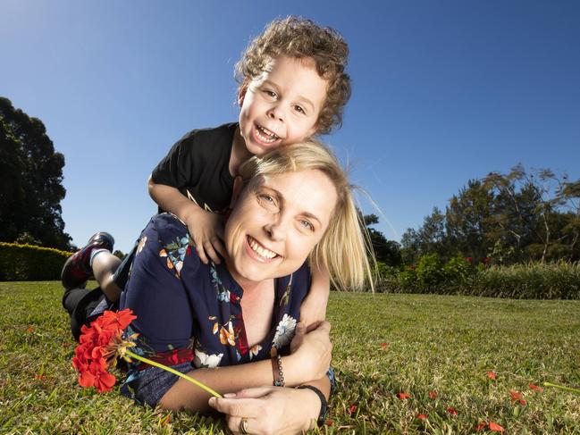 Queensland heart-lung transplant recipient Laurie McDonnell with her three-year-old son Sam. Picture: Lachie Millard