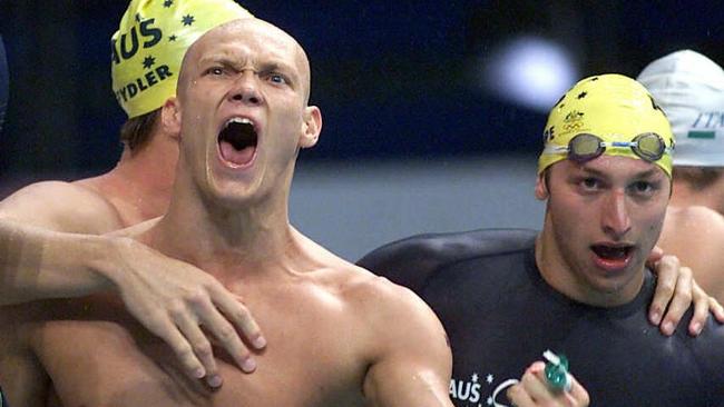 Michael Klim with his best mate Ian Thorpe after Australia won the freestyle relay at the Sydney Olypics.