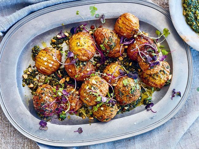 Hasselback roast potatoes with salsa.