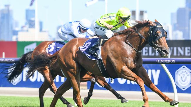 One of Mr Money Bags most recent wins was through jockey Ethan Brown in the Efficient Trophy at Flemington Racecourse on December 12, 2020. Picture: Natasha Morello/Racing Photos via Getty Images