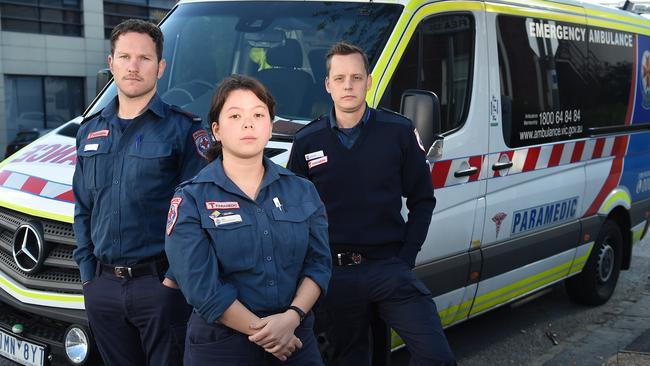 Paramedics Alex Ricco, Mei Griffin and Josh Tait are among those frustrated by the number of non-emergency calls to Ambulance Victoria. Picture: Josie Hayden