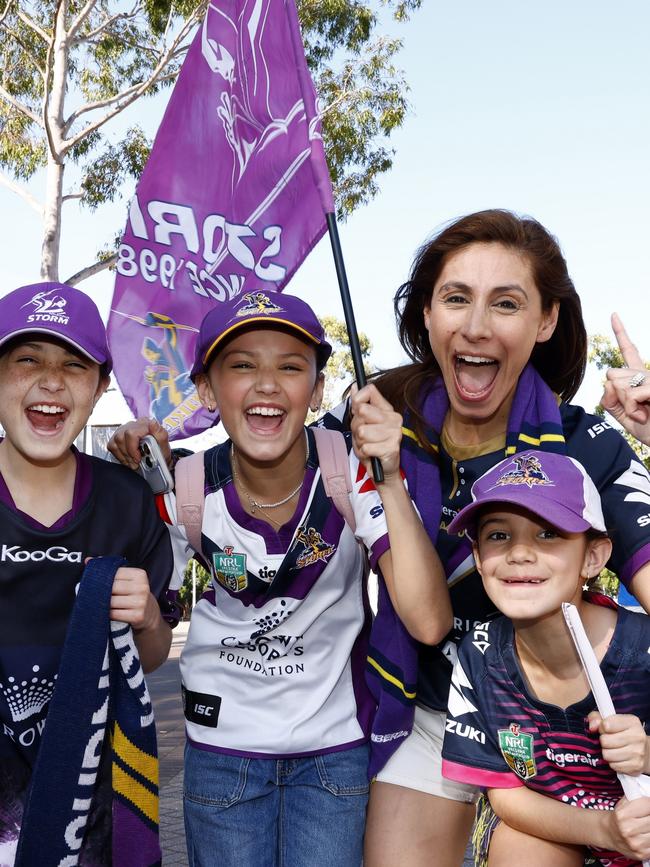 Storm fan Cat Primmer and her daughters from Taylor, Ella, and Shay are excited to be at the NRL Grand Final at Accor Stadium, Sydney Olympic Park. Picture: NewsWire / Jonathan Ng