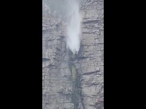 Ferocious winds cause mind-bending upside-down waterfall