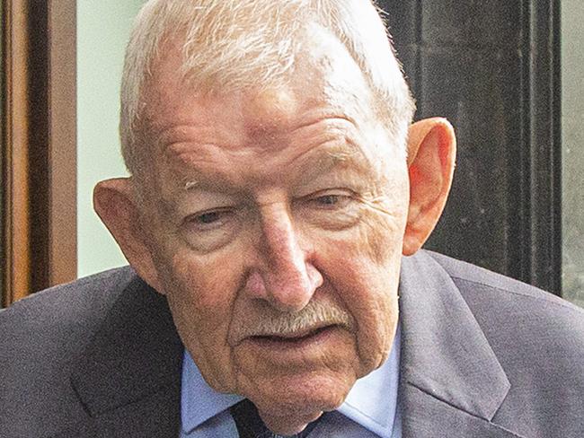 SYDNEY, AUSTRALIA - FEBRUARY 10: Ron Brierley leaves the  Downing Centre Local Court on February 10, 2020 in Sydney, Australia. The 82 year old was arrested at Sydney International Airport on Tuesday 17 December 2019 on his way to Fiji. Brierley's arrest follows an investigation by Eastern Suburbs Police Area Command, launched in August, into child abuse material in the area. Brierley was stopped at the airport by Australian Border Force officers. Detectives searched his carry-on luggage before the contents of his laptop and electronic storage devices were reviewed. He has been charged with six counts relating to the possession of child pornography. (Photo by Jenny Evans/Getty Images)
