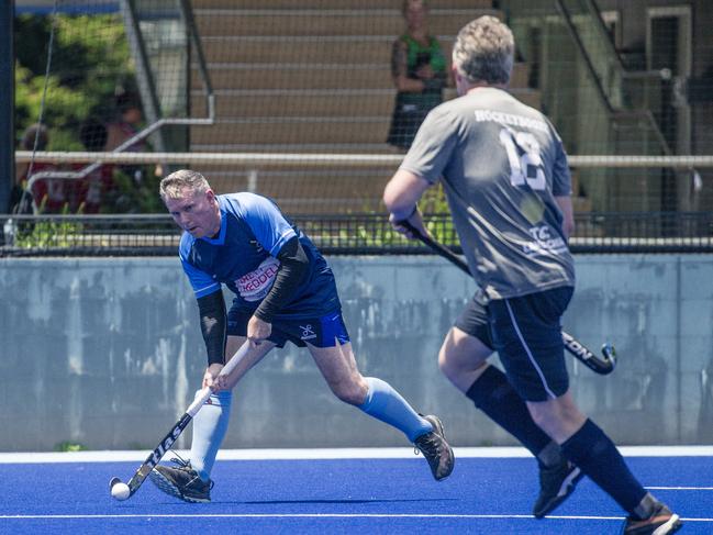 Action in the Pan Pacific Masters Games Hockey tournament. Picture: Glenn Campbell