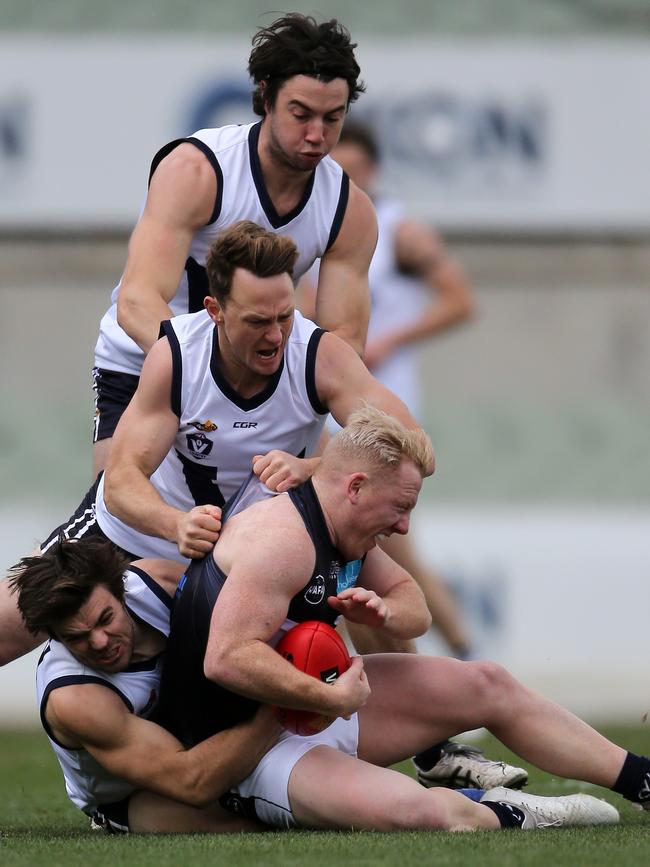 Josh Green is tackled in last year’s VAFA v Vic Country match at Ikon Park, Carlton, Picture: YURI KOUZMIN