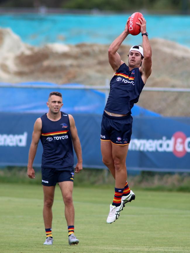 Fogarty marks at Crows training in December. Picture: Kelly Barnes